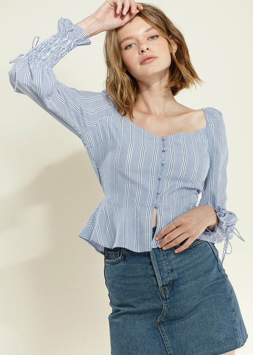 Smocked Cuff Button Front Peplum Blouse