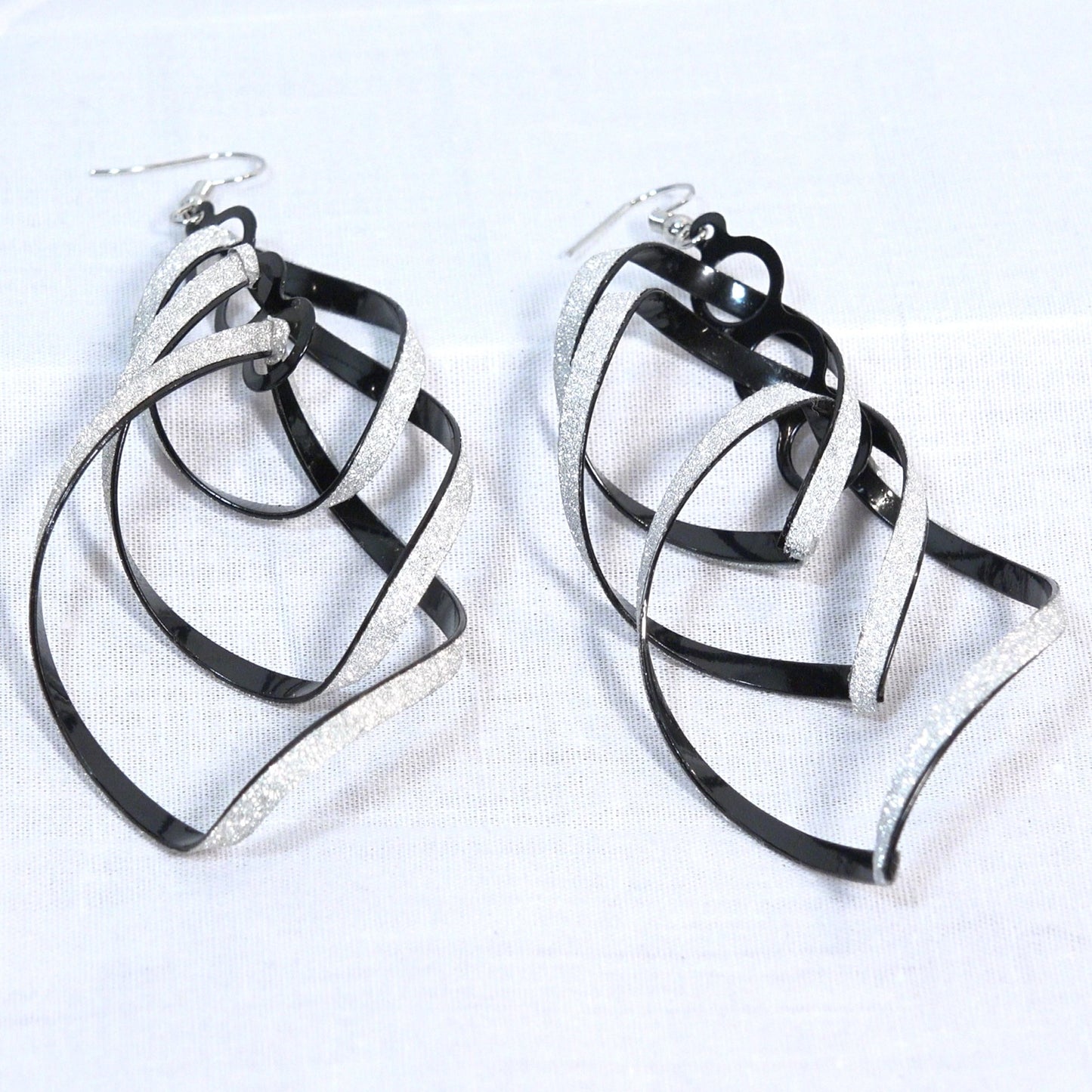 OL spiral black and silver toned uniquely shaped earrings — Free Shipping