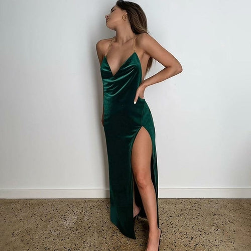 Backless Green Velvet Women Sleeveless Bodycon Dress