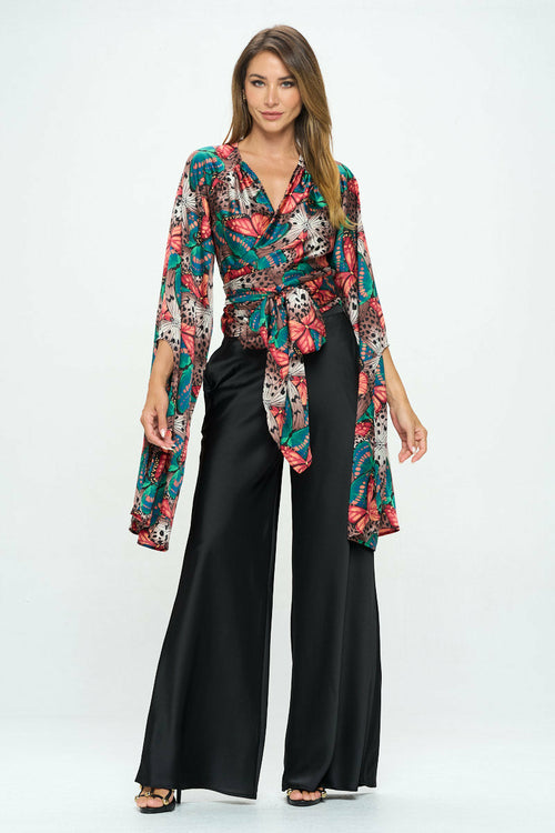 Satin Print Wrap Top with Exaggerated Sleeves