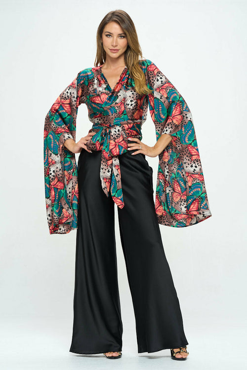 Satin Print Wrap Top with Exaggerated Sleeves