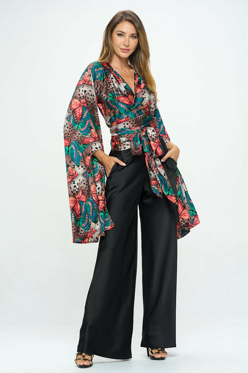 Satin Print Wrap Top with Exaggerated Sleeves