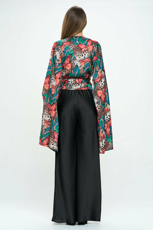 Satin Print Wrap Top with Exaggerated Sleeves