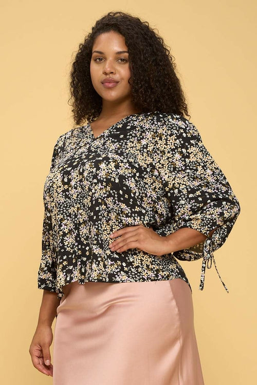 Floral Print Top with Self Tie Sleeves