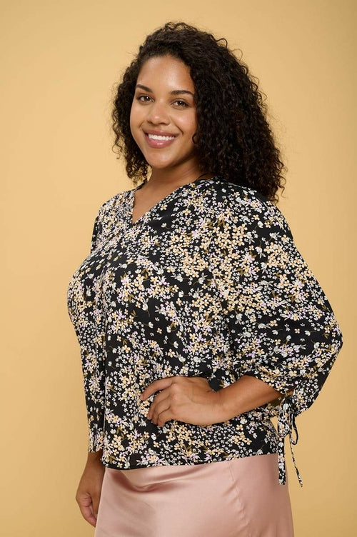 Floral Print Top with Self Tie Sleeves