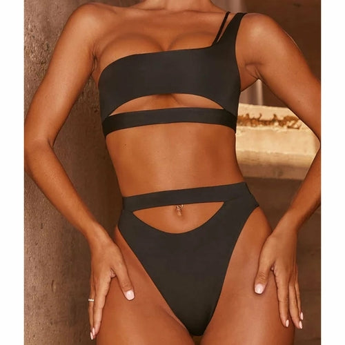 Solid Sexy One-shouler Hollow One-piece Swimsuit